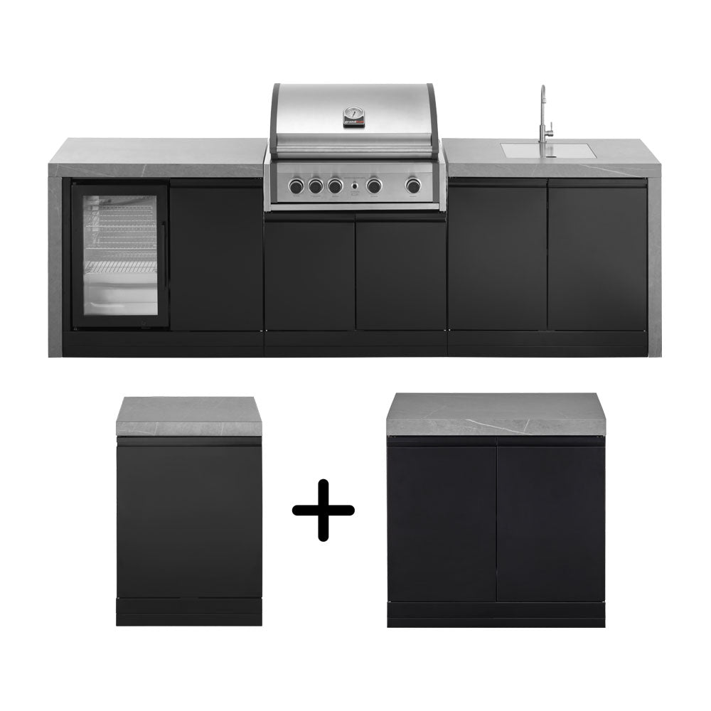 GrandPro 426 L-Shape Pro Elite Outdoor Kitchen with Fridge, Grill + Sink Waterfall Edition